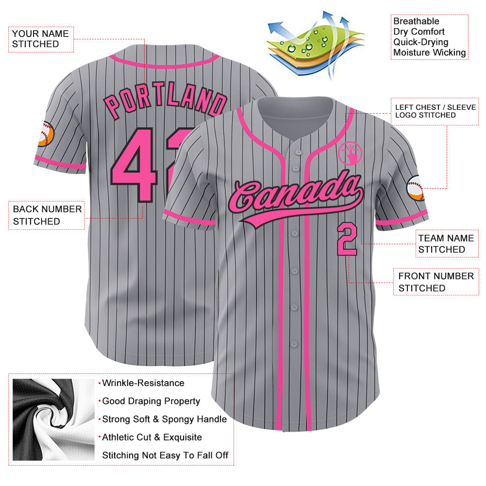 Custom Gray Black Pinstripe Pink Authentic Baseball Jersey - Sky-Custom