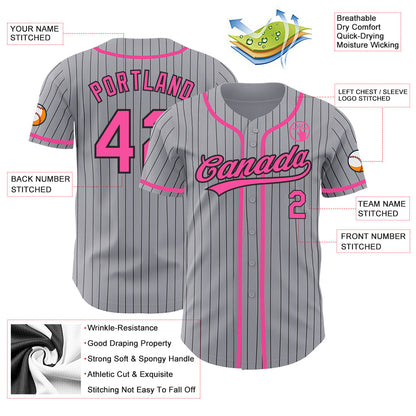 Custom Gray Black Pinstripe Pink Authentic Baseball Jersey - Sky-Custom