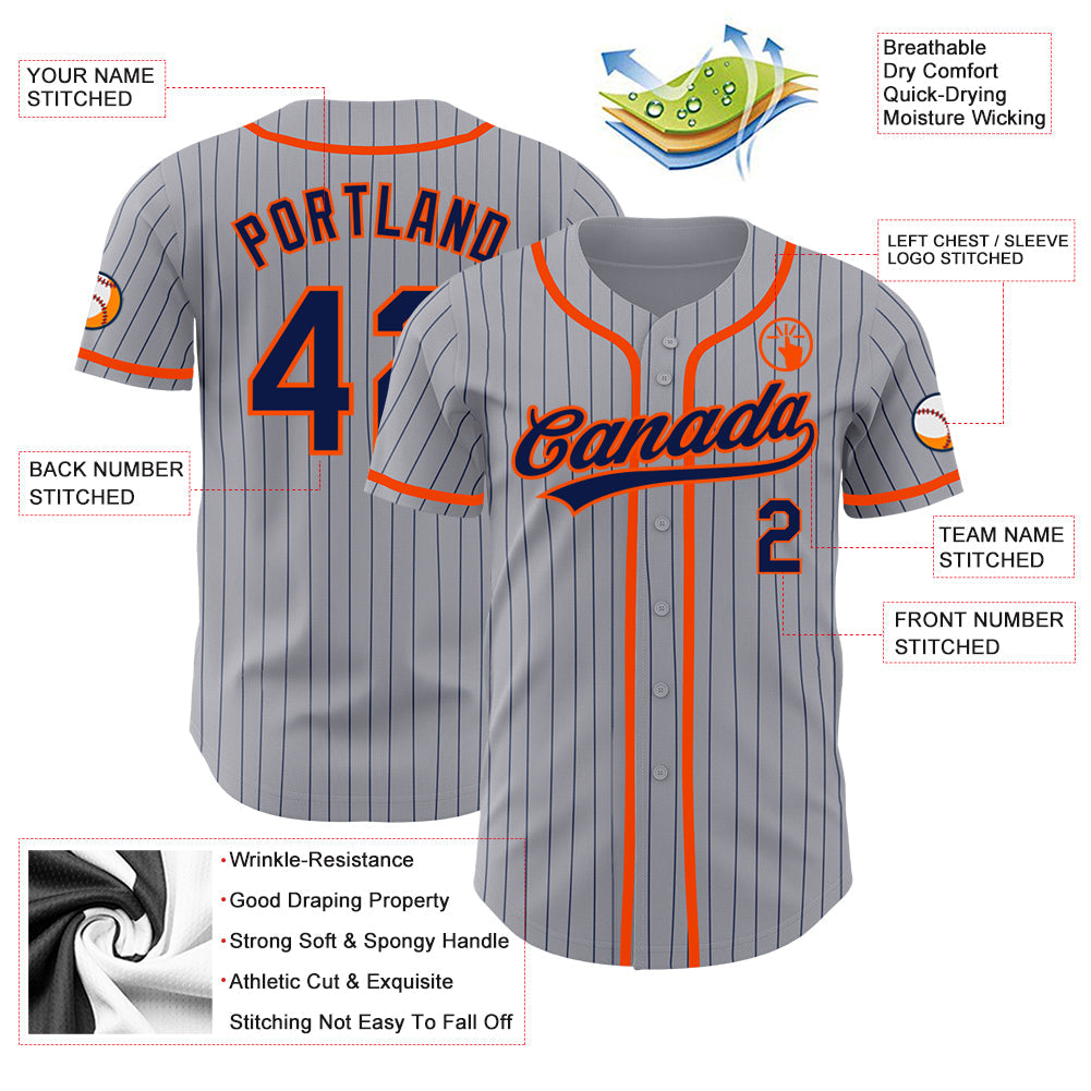 Custom Gray Navy Pinstripe Orange Authentic Baseball Jersey - Sky-Custom