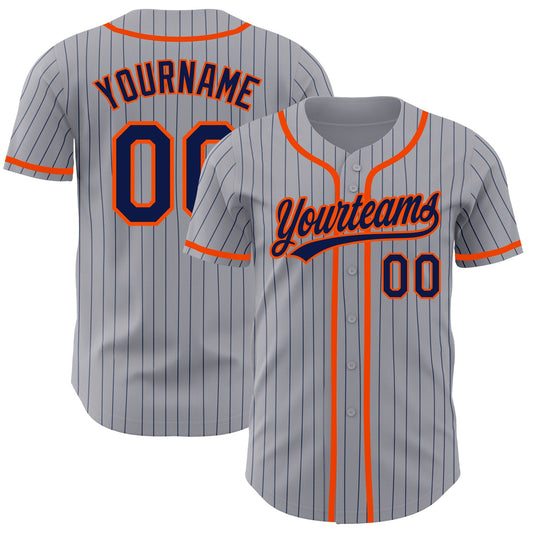 Custom Gray Navy Pinstripe Orange Authentic Baseball Jersey - Sky-Custom