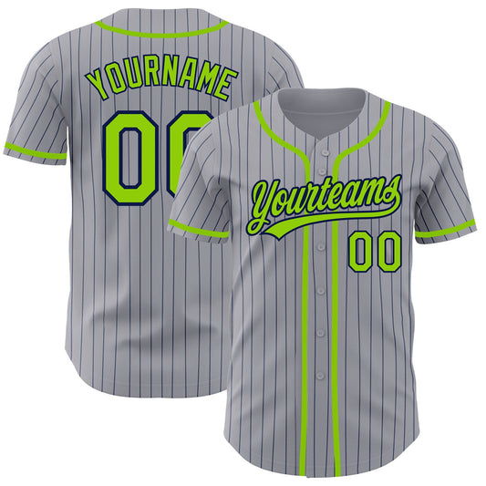 Custom Gray Navy Pinstripe Neon Green Authentic Baseball Jersey - Sky-Custom