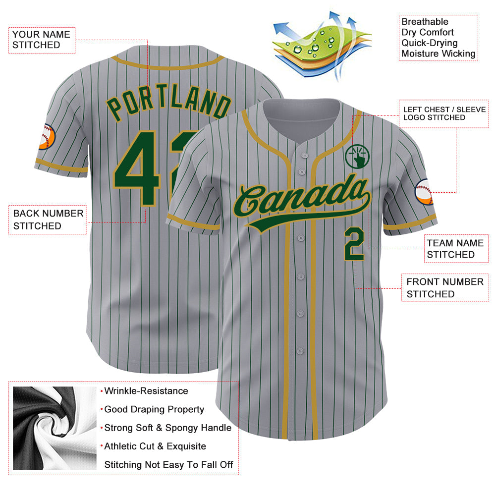 Custom Gray Green Pinstripe Old Gold Authentic Baseball Jersey - Sky-Custom