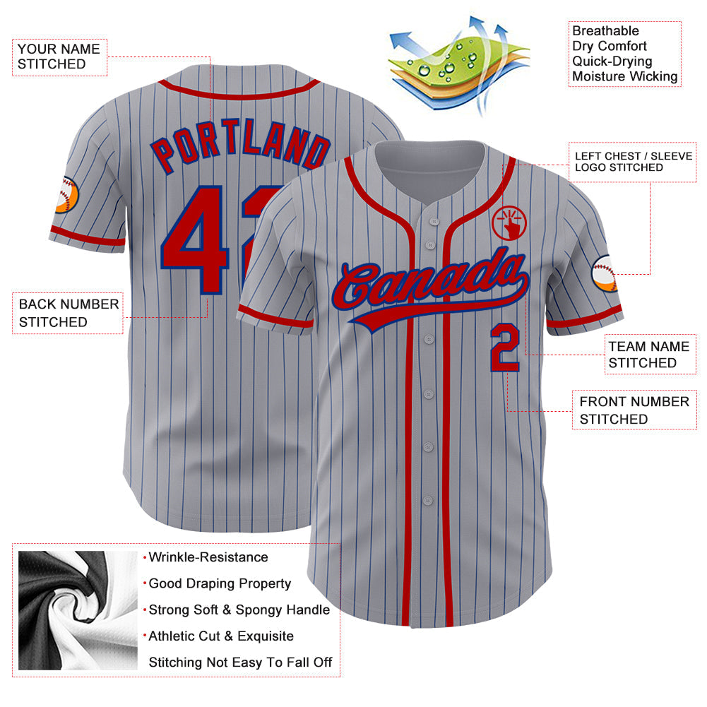 Custom Gray Royal Pinstripe Red Authentic Baseball Jersey - Sky-Custom
