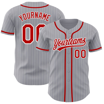 Custom Gray White Pinstripe Red Authentic Baseball Jersey - Sky-Custom