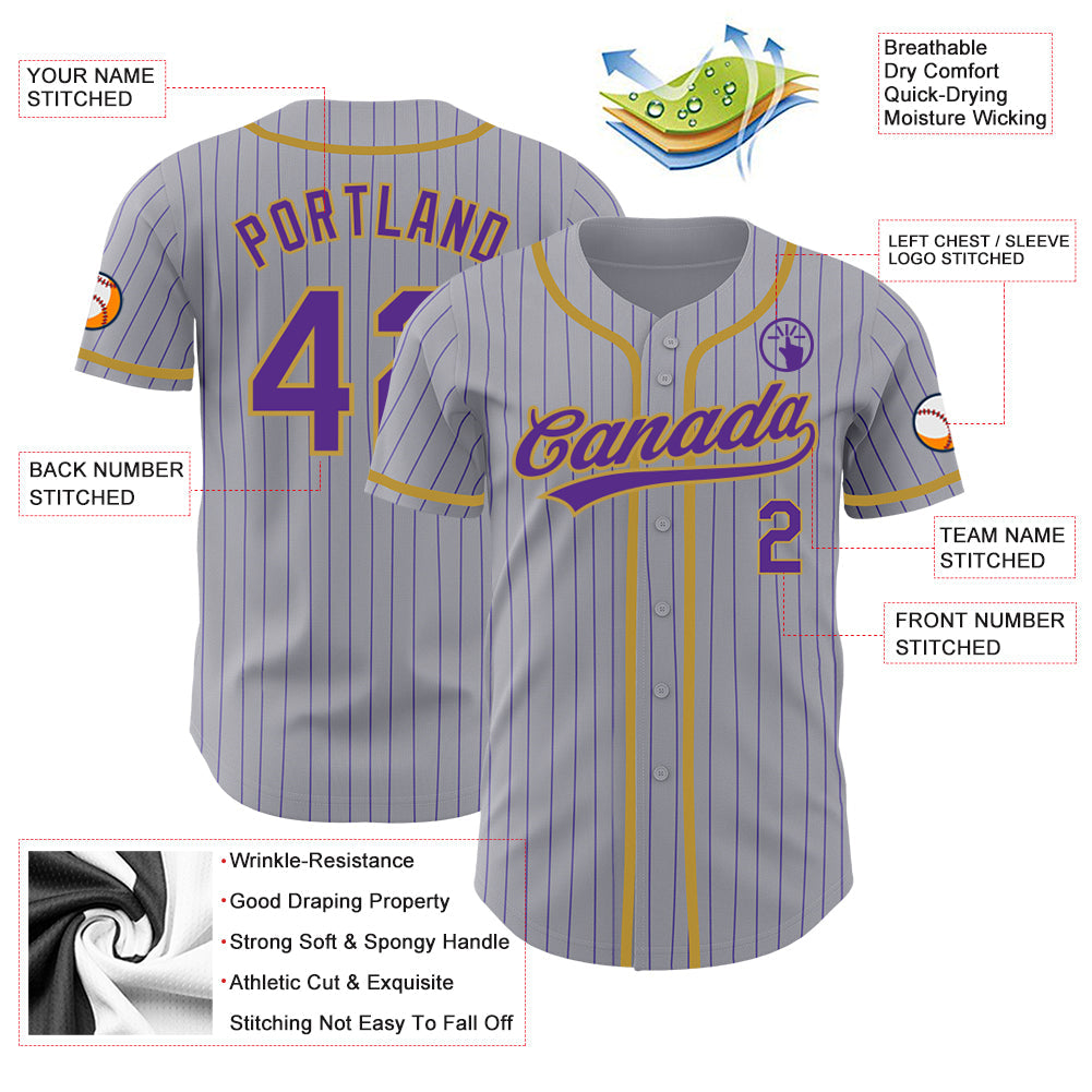 Custom Gray Purple Pinstripe Old Gold Authentic Baseball Jersey - Sky-Custom