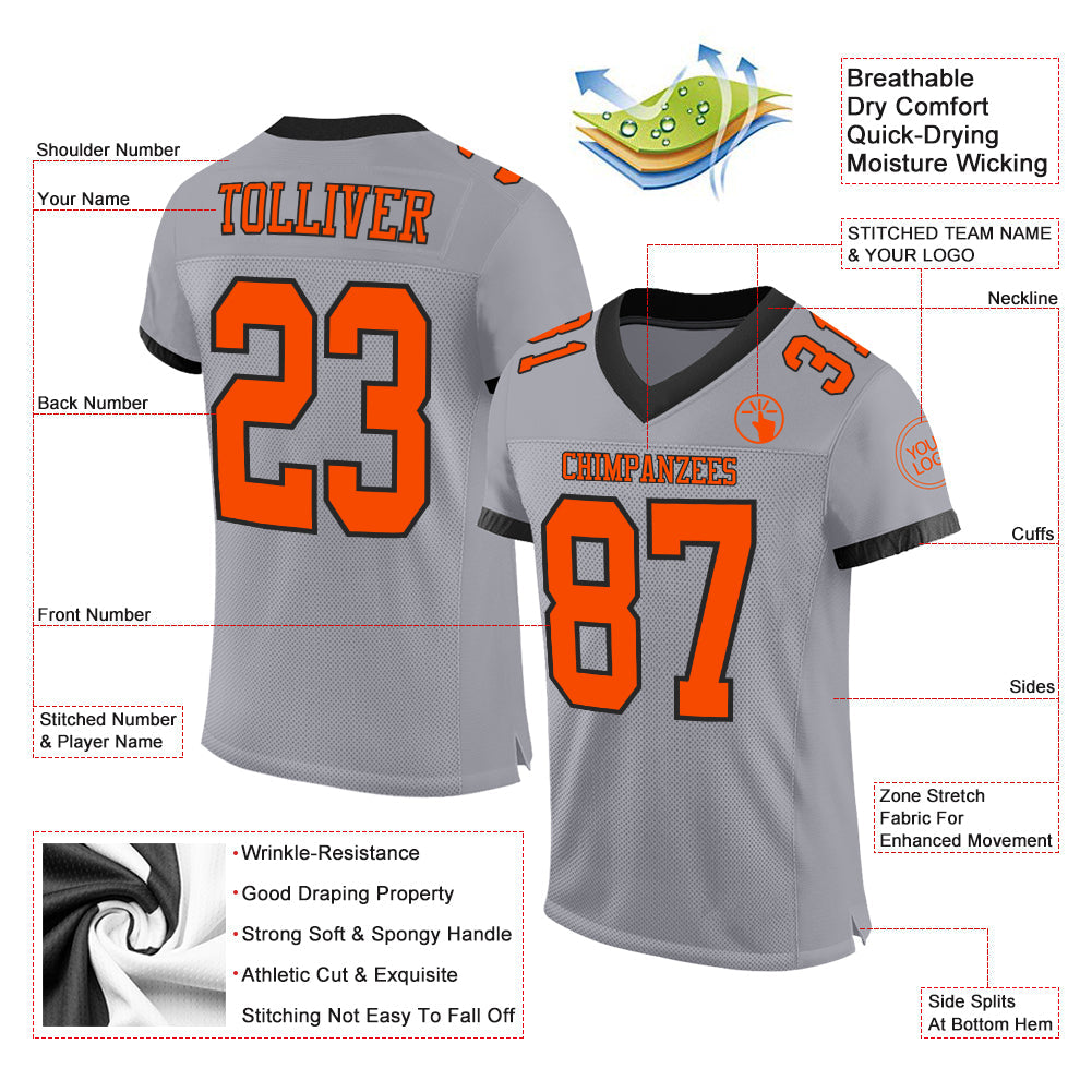 Custom Gray Orange-Black Mesh Authentic Football Jersey - Sky-Custom