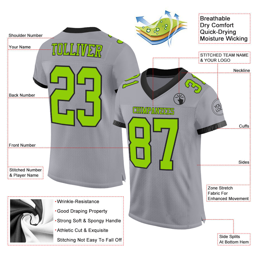 Custom Gray Neon Green-Black Mesh Authentic Football Jersey - Sky-Custom