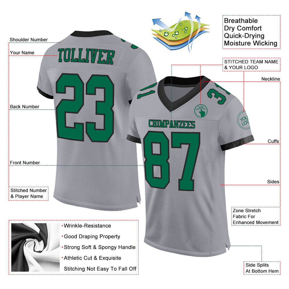 Custom Gray Kelly Green-Black Mesh Authentic Football Jersey - Sky-Custom
