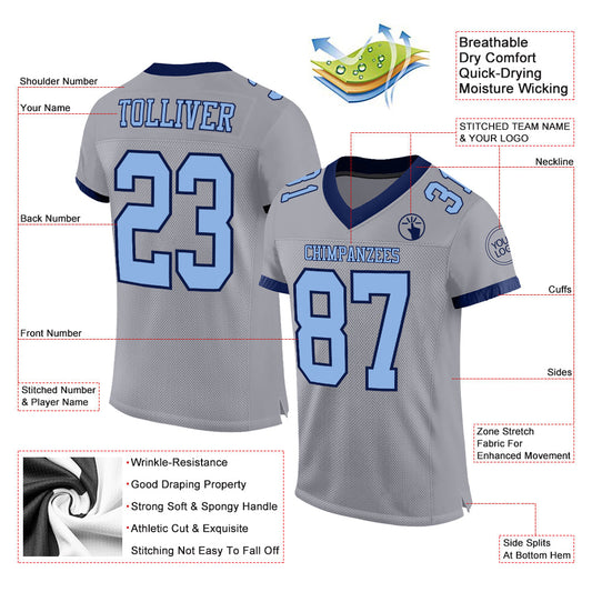 Custom Gray Light Blue-Navy Mesh Authentic Football Jersey - Sky-Custom