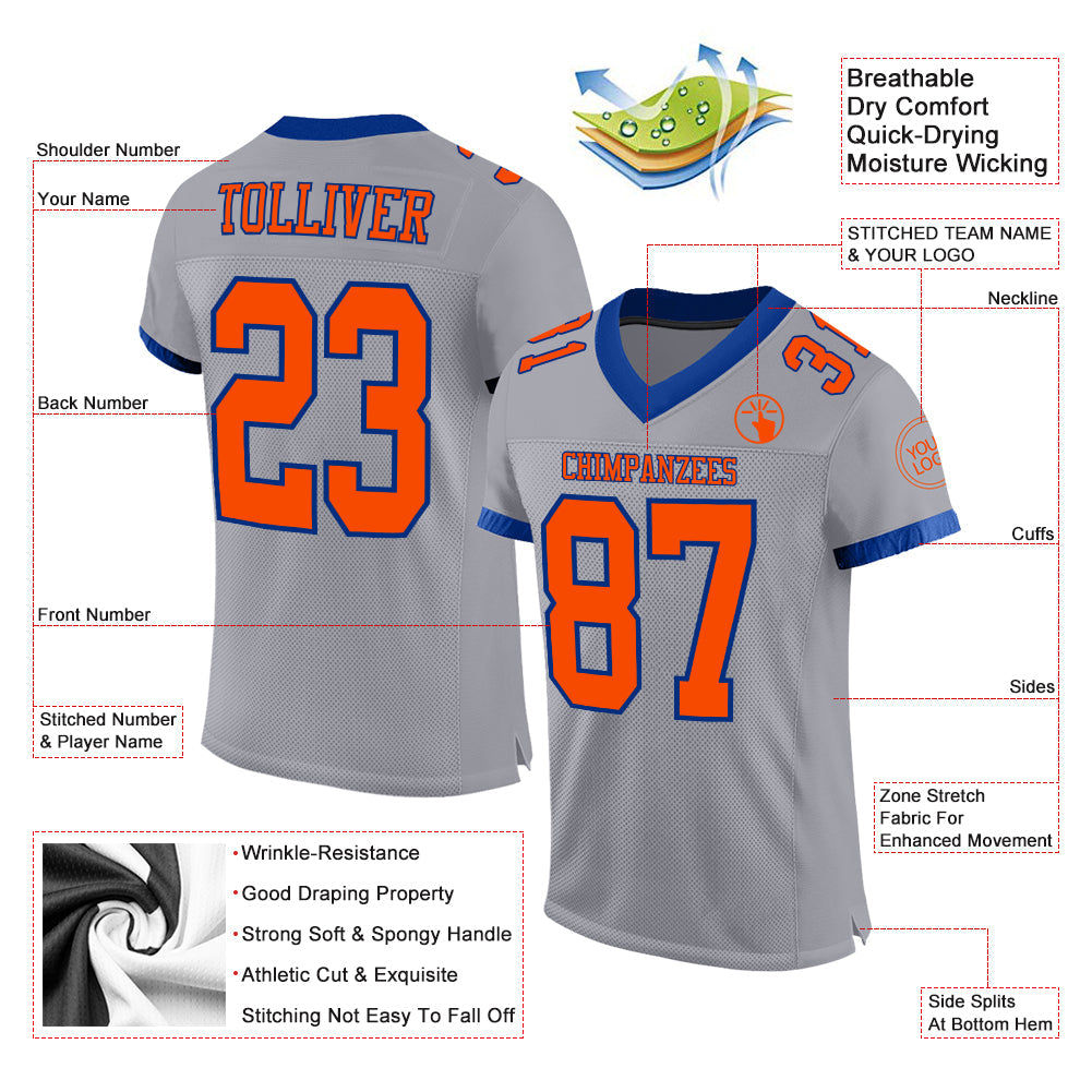 Custom Gray Orange-Navy Mesh Authentic Football Jersey - Sky-Custom