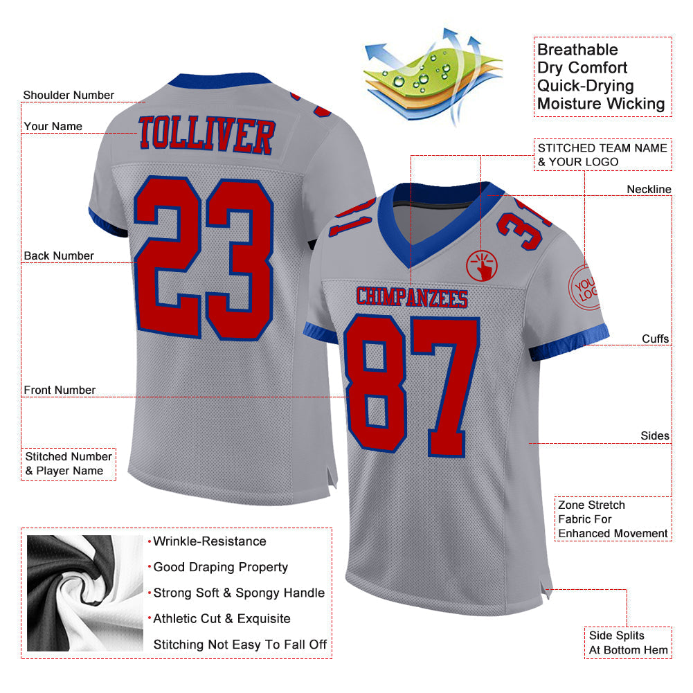 Custom Gray Red-Royal Mesh Authentic Football Jersey - Sky-Custom