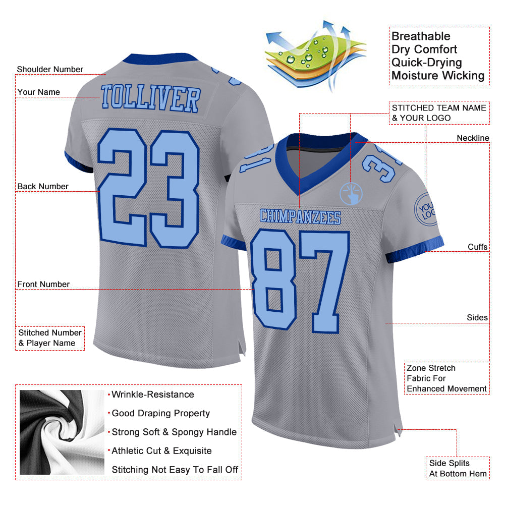 Custom Gray Light Blue-Royal Mesh Authentic Football Jersey - Sky-Custom