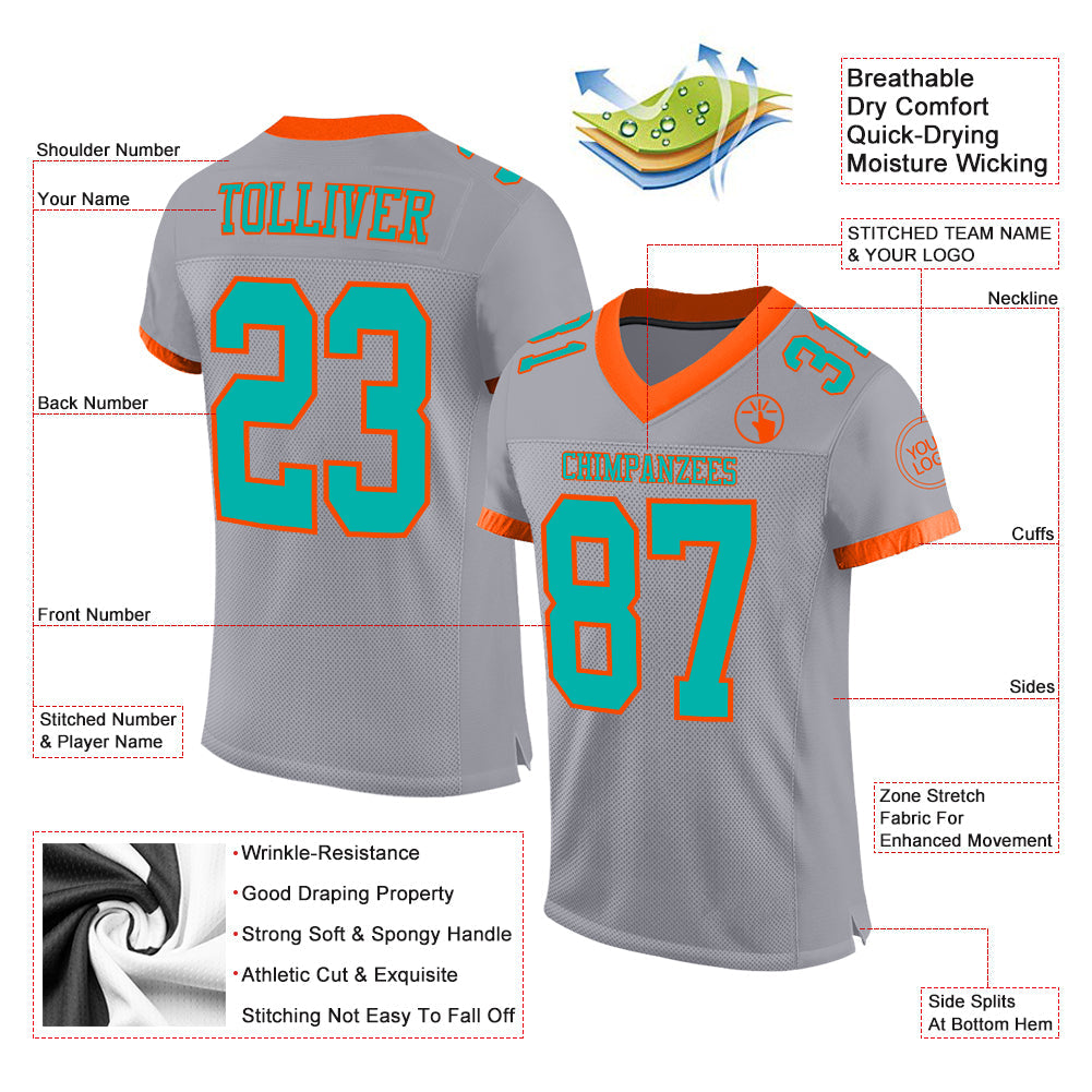 Custom Gray Aqua-Orange Mesh Authentic Football Jersey - Sky-Custom