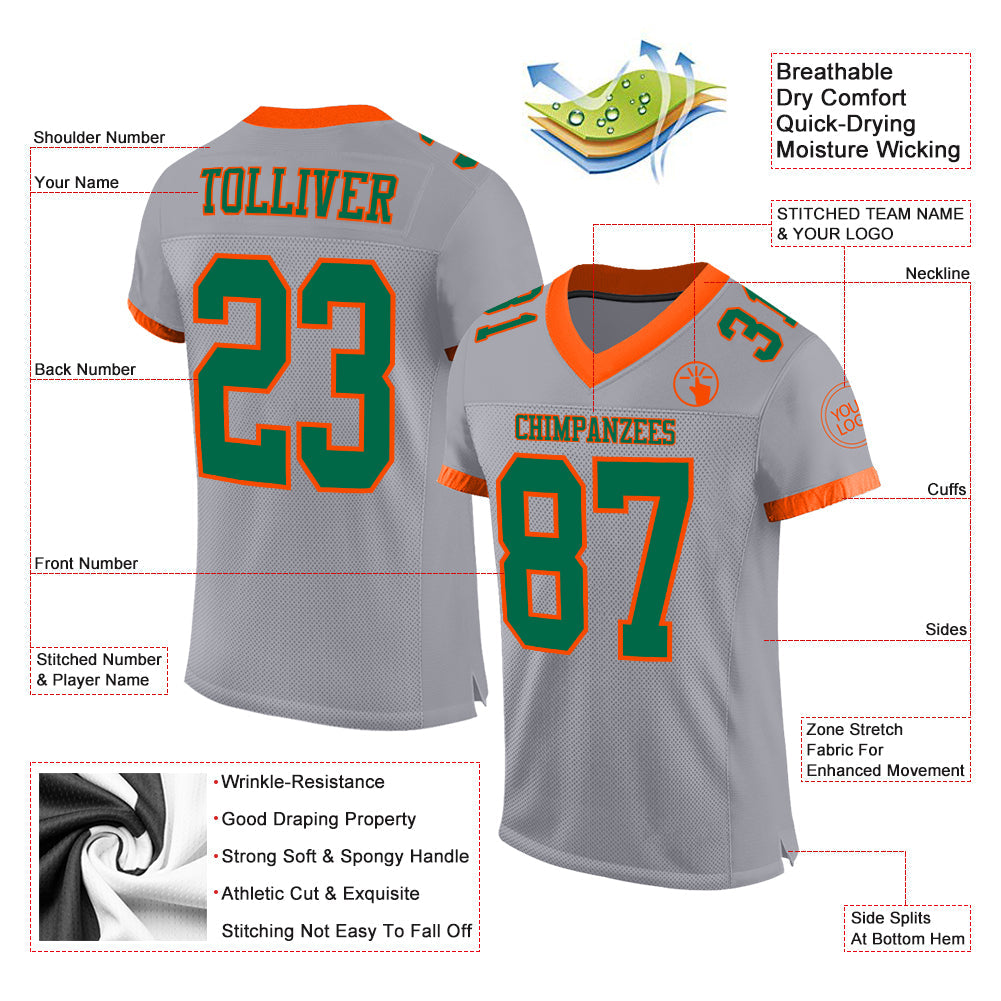 Custom Gray Kelly Green-Orange Mesh Authentic Football Jersey - Sky-Custom