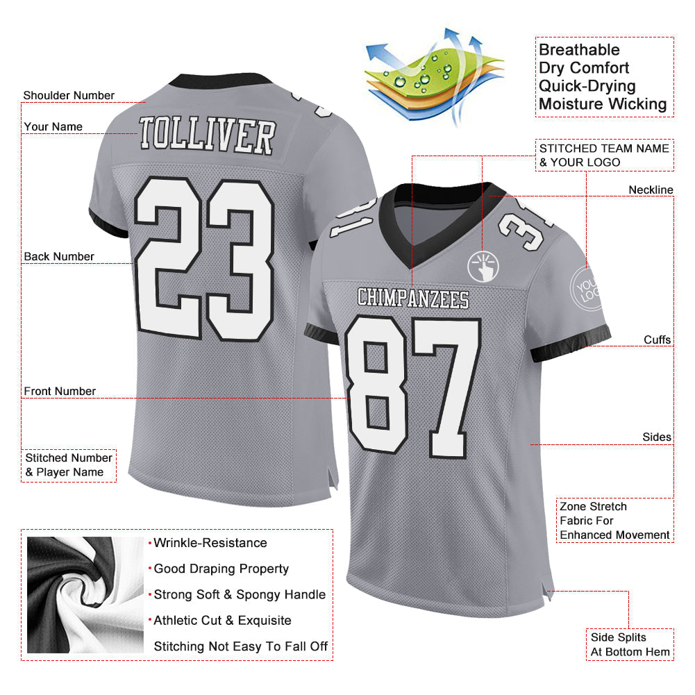 Custom Gray White-Black Mesh Authentic Football Jersey - Sky-Custom