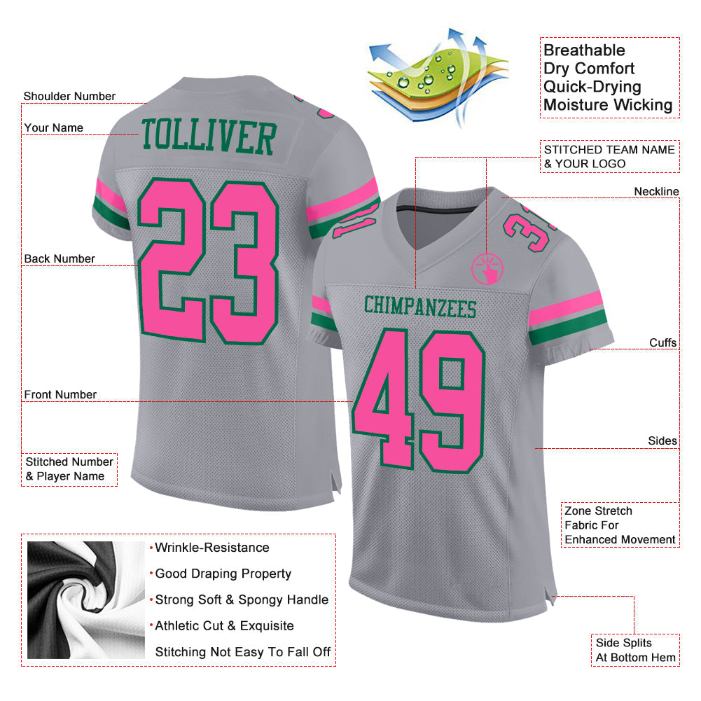 Custom Gray Pink-Kelly Green Mesh Authentic Football Jersey - Sky-Custom