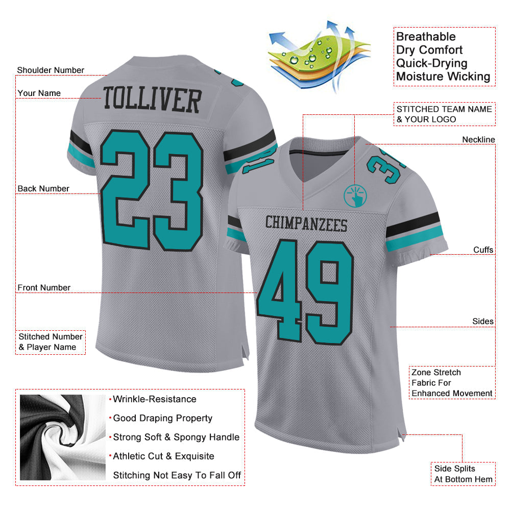 Custom Gray Teal-Black Mesh Authentic Football Jersey - Sky-Custom