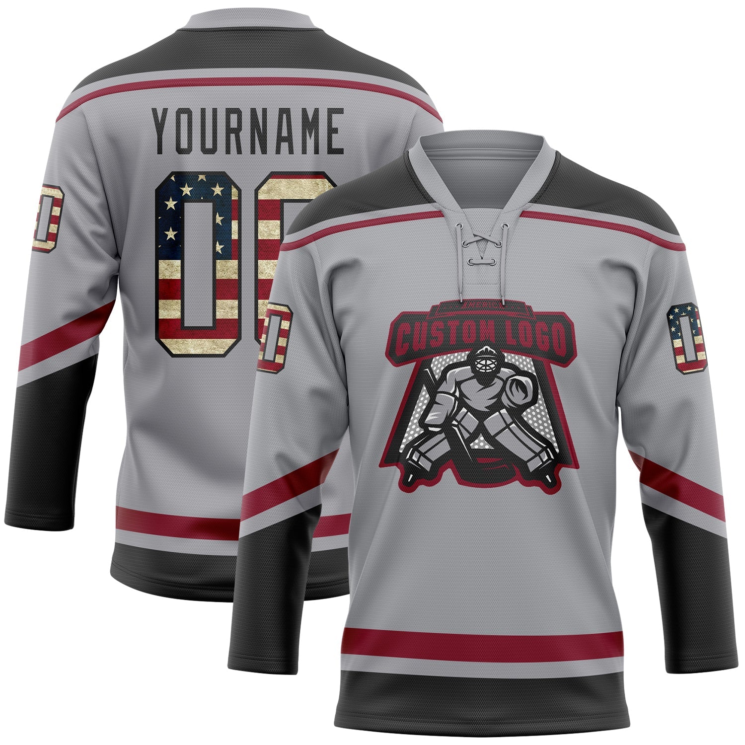 Custom Gray Vintage USA Flag Black-Crimson Hockey Lace Neck Jersey - Sky-Custom
