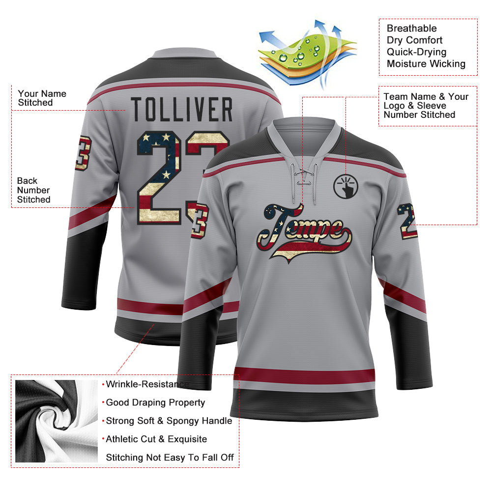 Custom Gray Vintage USA Flag Black-Crimson Hockey Lace Neck Jersey - Sky-Custom