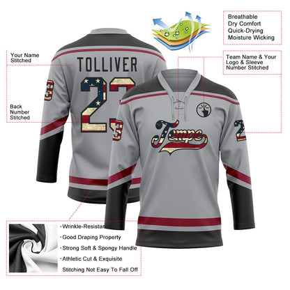 Custom Gray Vintage USA Flag Black-Crimson Hockey Lace Neck Jersey - Sky-Custom