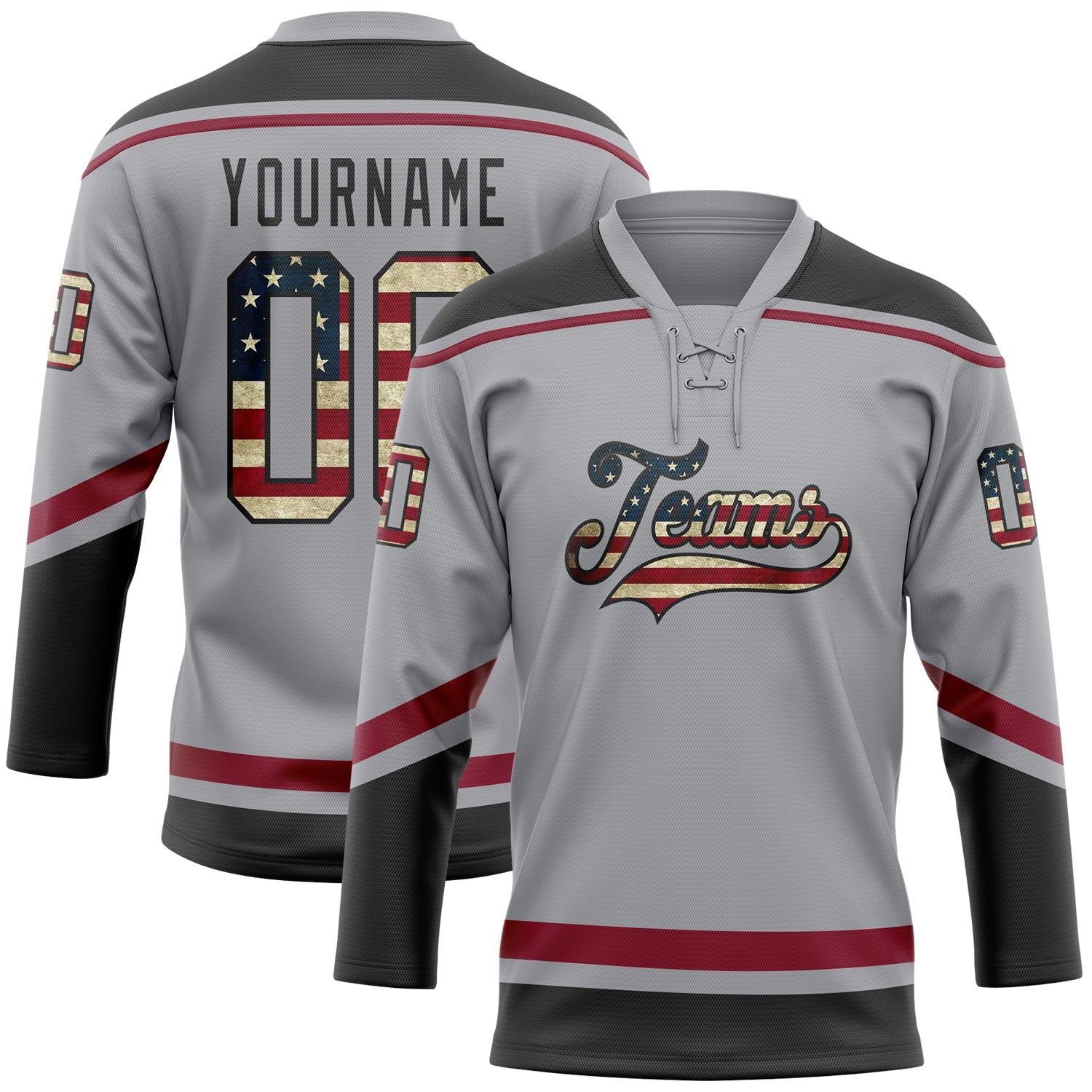 Custom Gray Vintage USA Flag Black-Crimson Hockey Lace Neck Jersey - Sky-Custom