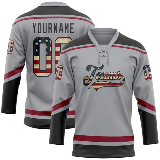Custom Gray Vintage USA Flag Black-Crimson Hockey Lace Neck Jersey - Sky-Custom