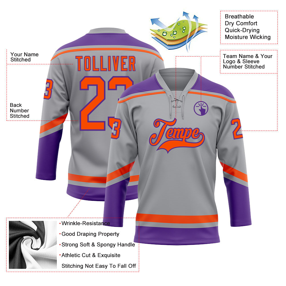 Custom Gray Orange-Purple Hockey Lace Neck Jersey - Sky-Custom