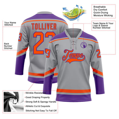 Custom Gray Orange-Purple Hockey Lace Neck Jersey - Sky-Custom