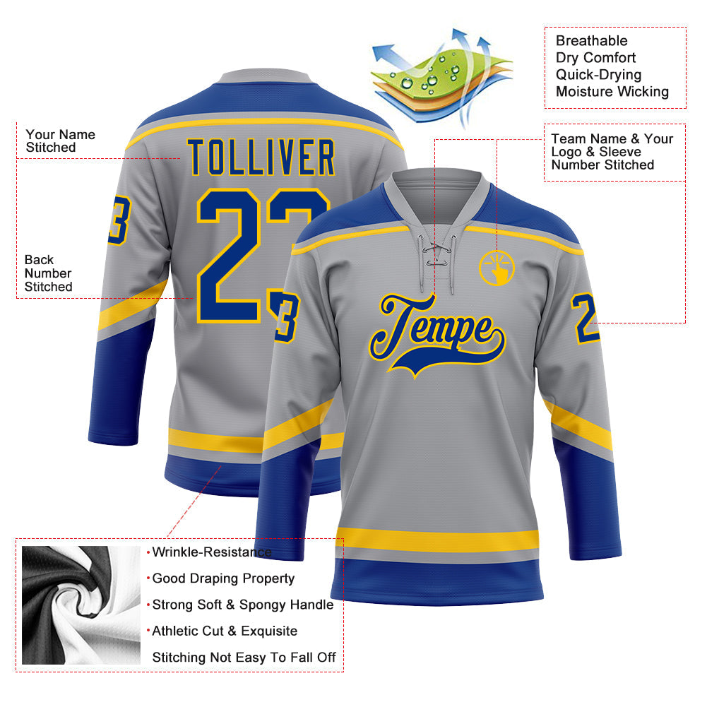 Custom Gray Royal-Yellow Hockey Lace Neck Jersey - Sky-Custom