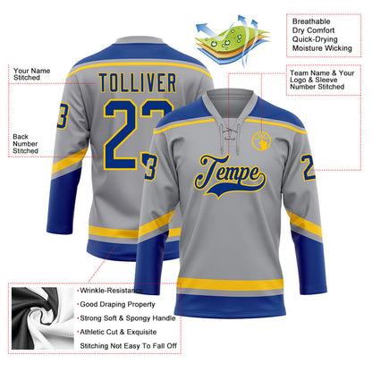 Custom Gray Royal-Yellow Hockey Lace Neck Jersey - Sky-Custom