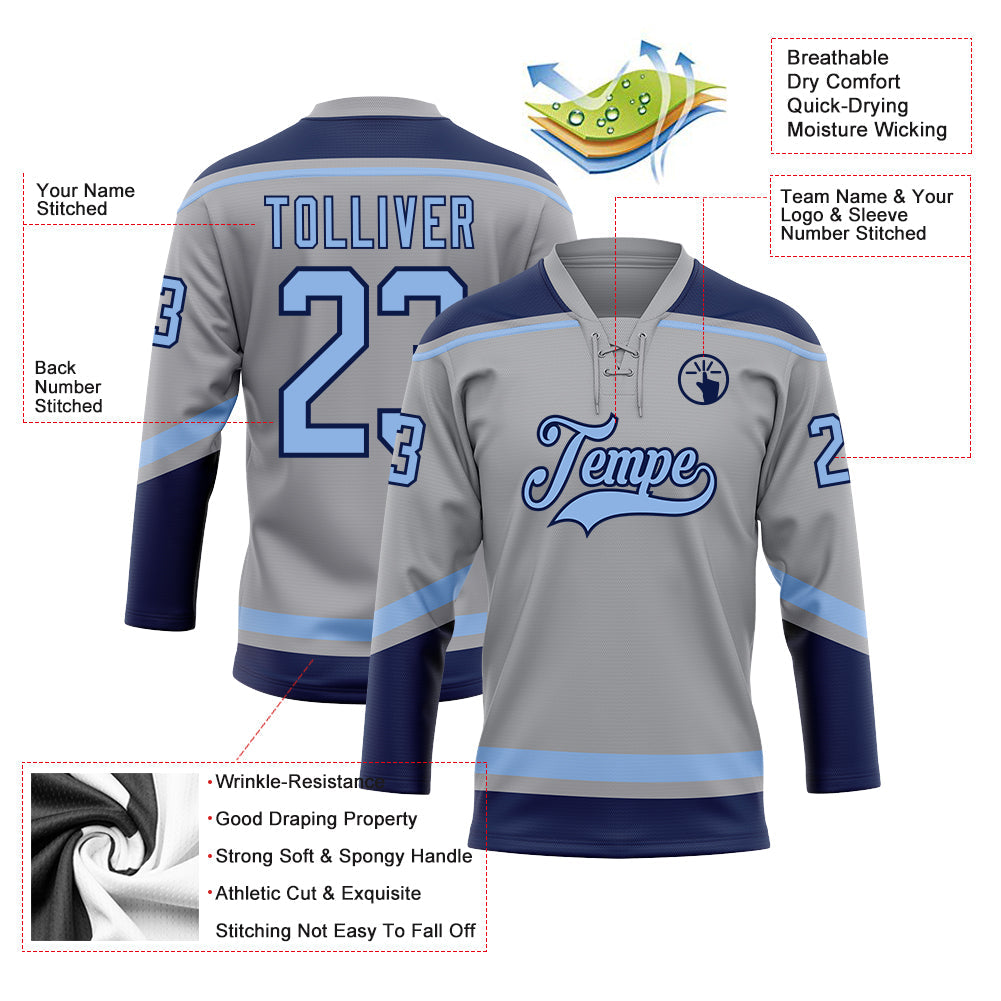 Custom Gray Light Blue-Navy Hockey Lace Neck Jersey - Sky-Custom