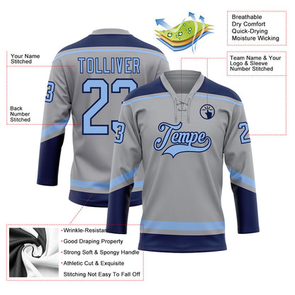 Custom Gray Light Blue-Navy Hockey Lace Neck Jersey - Sky-Custom