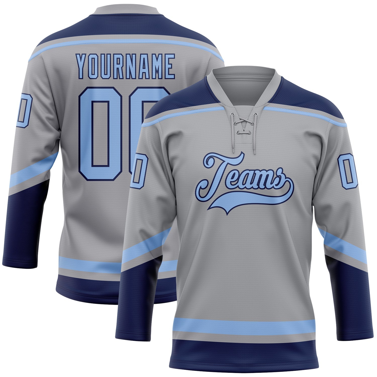 Custom Gray Light Blue-Navy Hockey Lace Neck Jersey - Sky-Custom