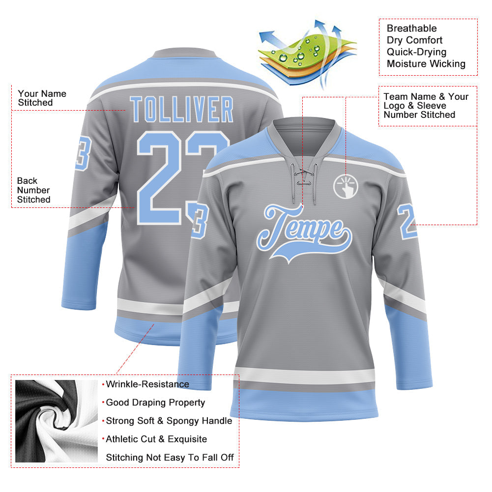 Custom Gray Light Blue-White Hockey Lace Neck Jersey - Sky-Custom