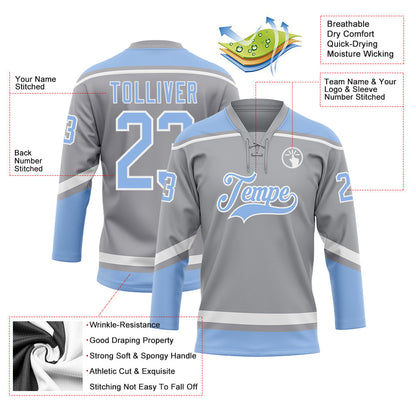 Custom Gray Light Blue-White Hockey Lace Neck Jersey - Sky-Custom