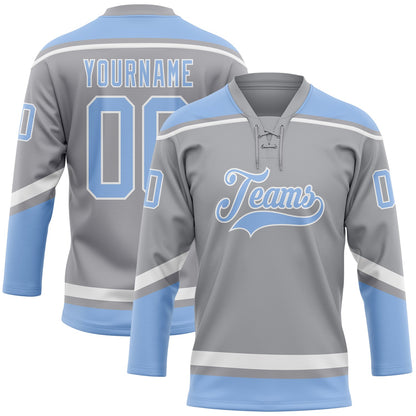 Custom Gray Light Blue-White Hockey Lace Neck Jersey - Sky-Custom