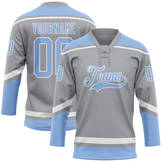 Custom Gray Light Blue-White Hockey Lace Neck Jersey - Sky-Custom