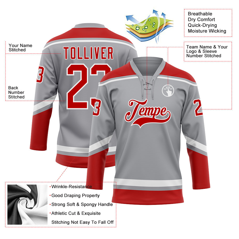 Custom Gray Red-White Hockey Lace Neck Jersey - Sky-Custom