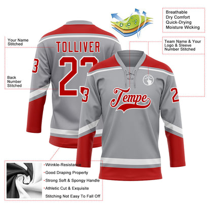 Custom Gray Red-White Hockey Lace Neck Jersey - Sky-Custom