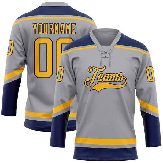 Custom Gray Gold-Navy Hockey Lace Neck Jersey - Sky-Custom