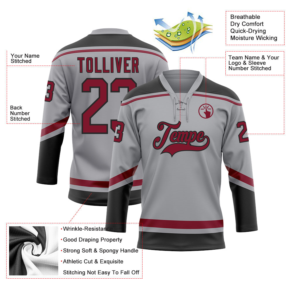Custom Gray Crimson-Black Hockey Lace Neck Jersey - Sky-Custom