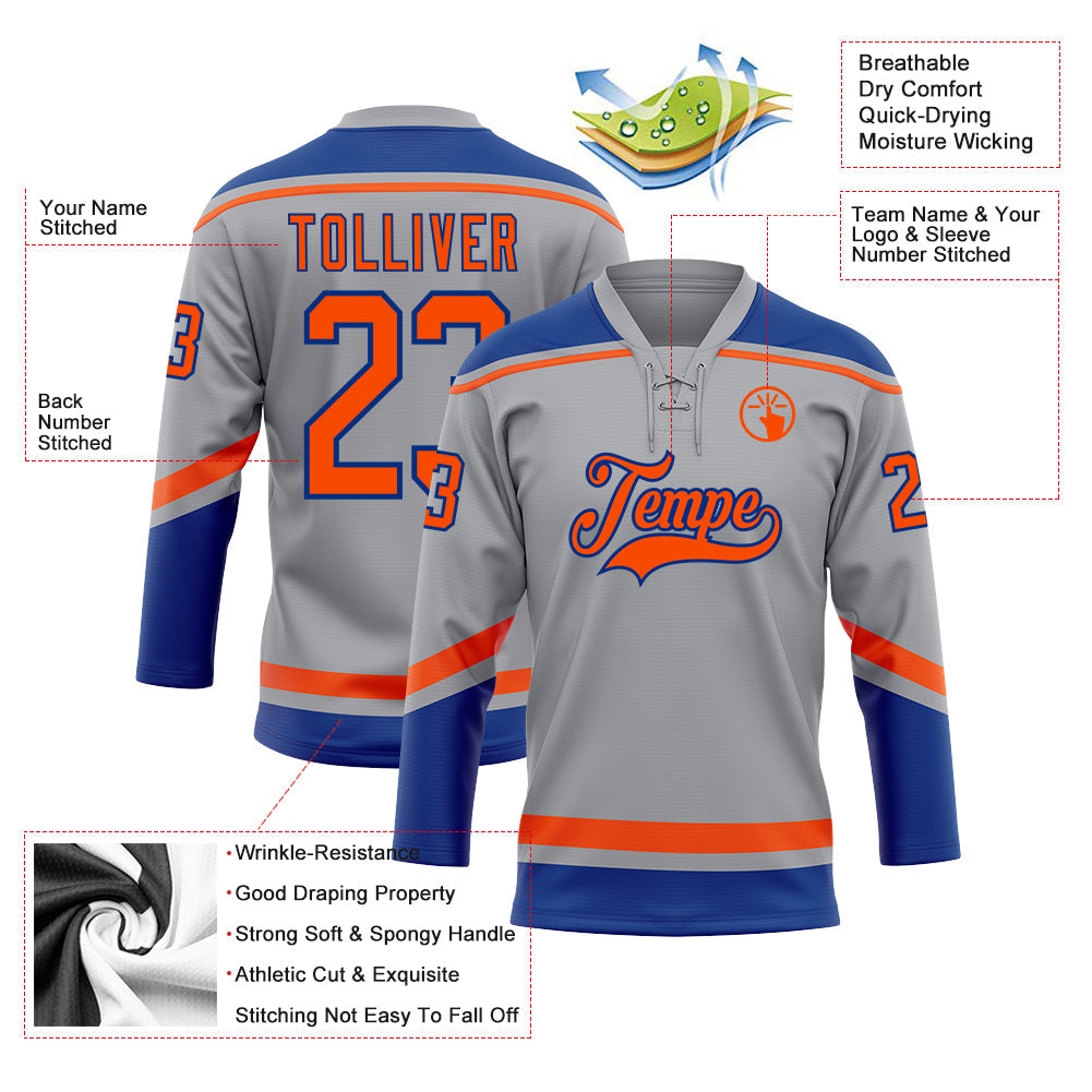 Custom Gray Orange-Royal Hockey Lace Neck Jersey - Sky-Custom