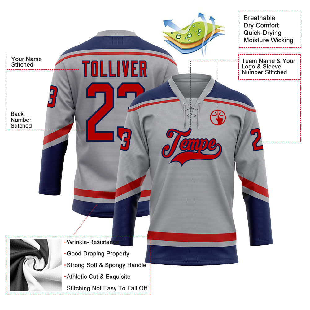 Custom Gray Red-Navy Hockey Lace Neck Jersey - Sky-Custom
