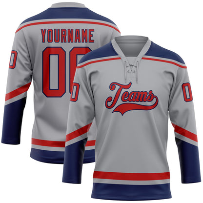 Custom Gray Red-Navy Hockey Lace Neck Jersey - Sky-Custom