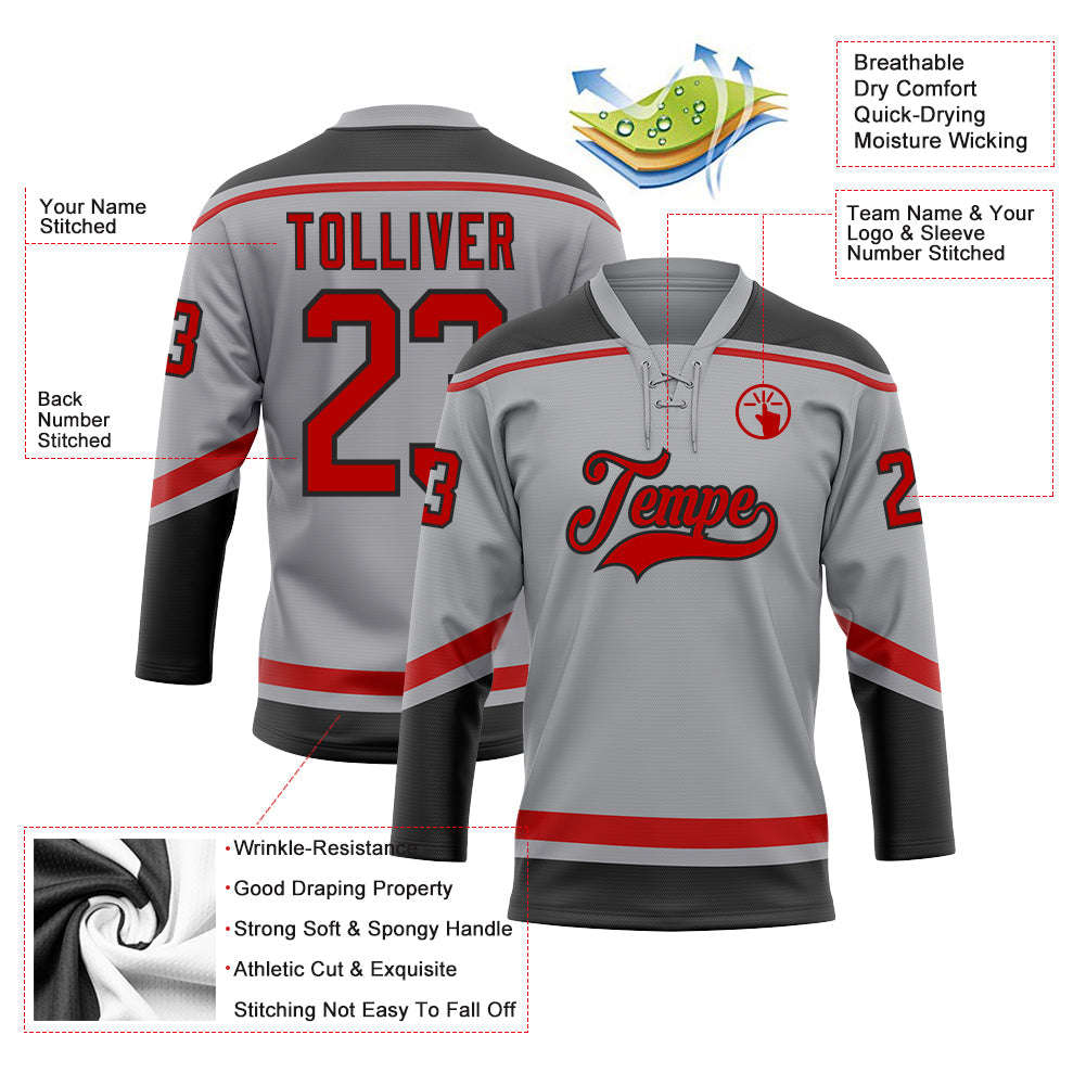 Custom Gray Red-Black Hockey Lace Neck Jersey - Sky-Custom