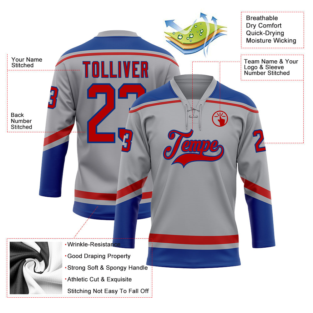 Custom Gray Red-Royal Hockey Lace Neck Jersey - Sky-Custom