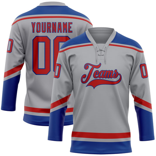 Custom Gray Red-Royal Hockey Lace Neck Jersey - Sky-Custom