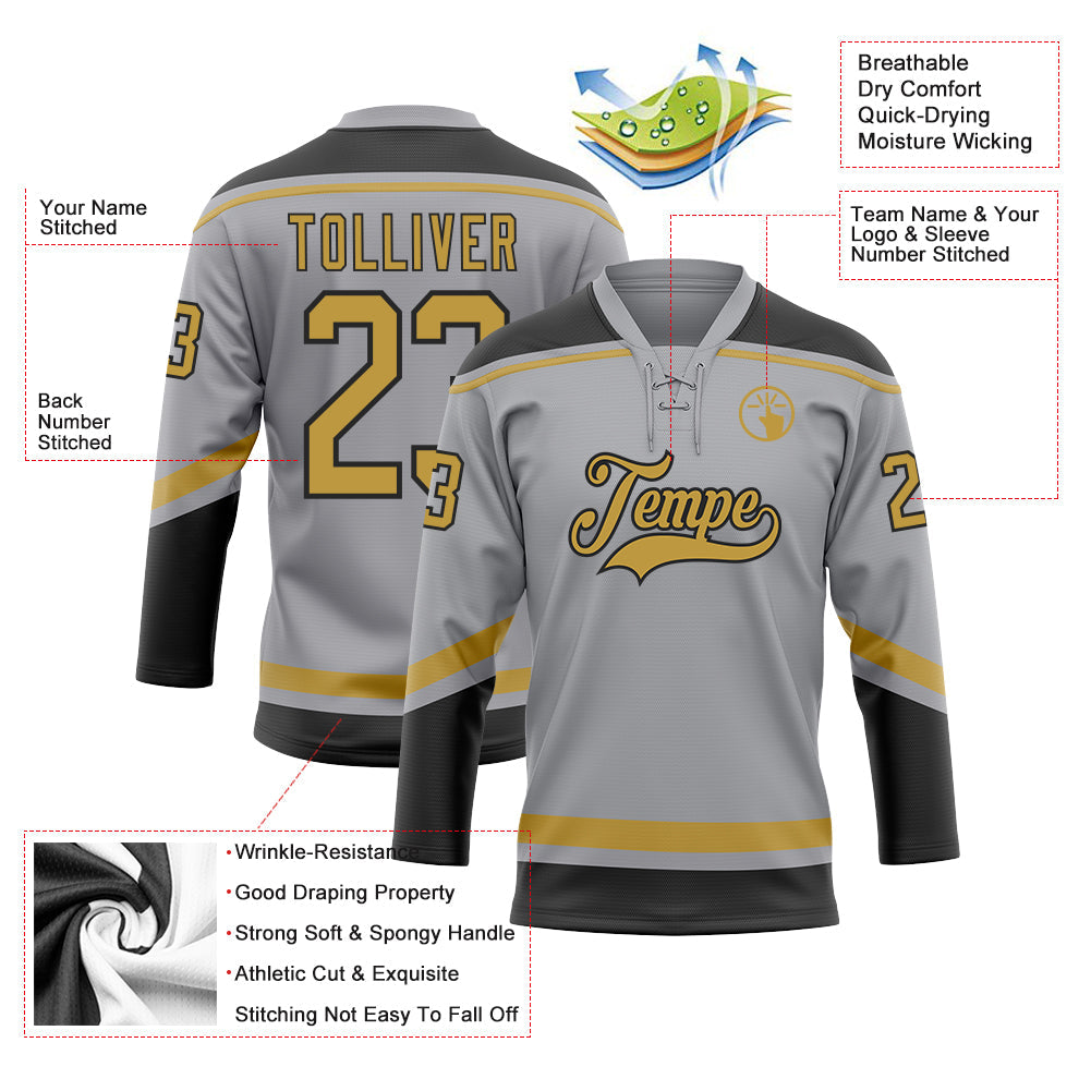 Custom Gray Old Gold-Black Hockey Lace Neck Jersey - Sky-Custom