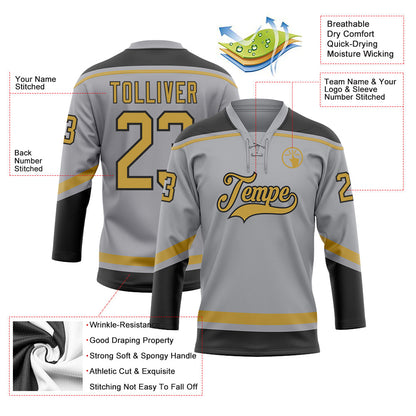Custom Gray Old Gold-Black Hockey Lace Neck Jersey - Sky-Custom