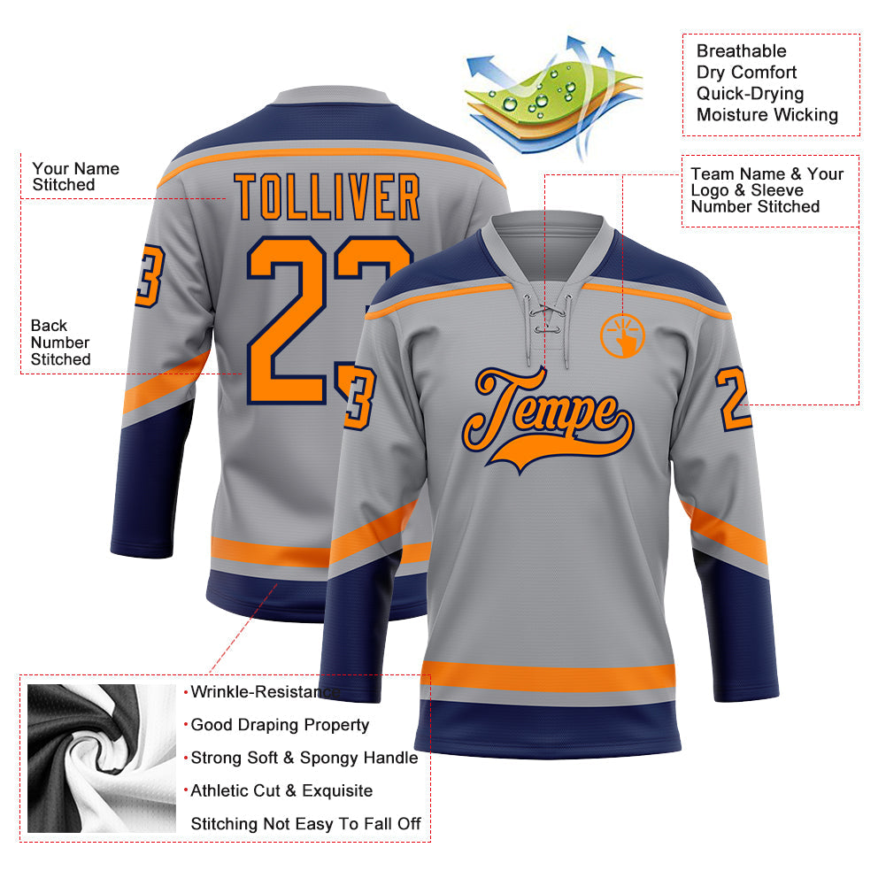 Custom Gray Bay Orange-Navy Hockey Lace Neck Jersey - Sky-Custom